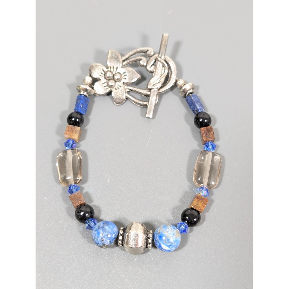 Artisan Sodalite Lapis Beaded Bracelet Floral Toggle Clasp Blue Gemstone 7"